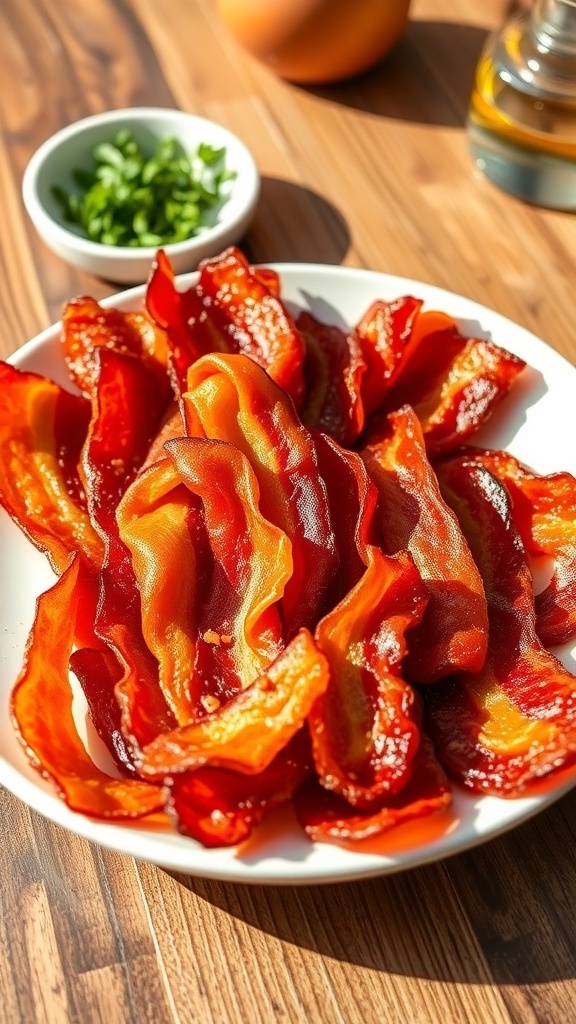 Crispy air fryer bacon strips on a plate, garnished with herbs, on a rustic table.